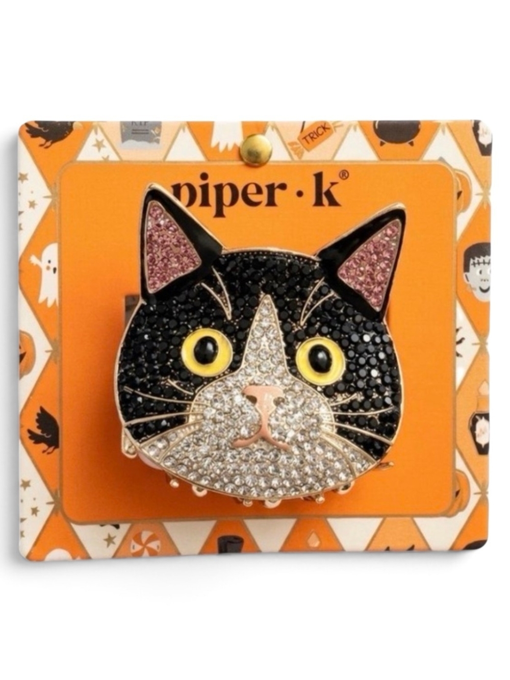🖤▪️Piper K Black & White Crystal Cat Pin - Pink Ear Metal hair Claw Clip